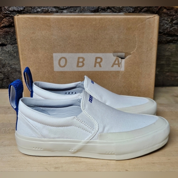 OBRA canvas white n blue slip ons size 8 mens